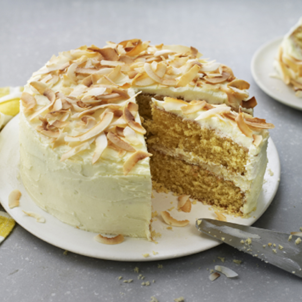 Coconut cake with cream cheese frosting and toasted coconut